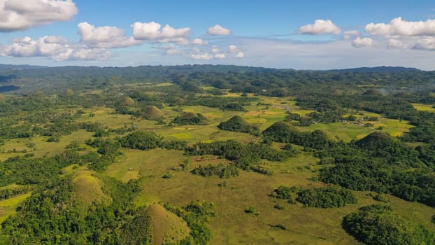 Aerial view of Chocolate hills in Bohol island,Philippines. Hills covered with grass and vegetation.