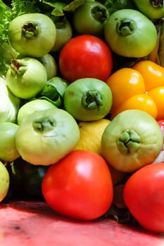 Colorful fresh vegetables and fruits as a background. Top view.