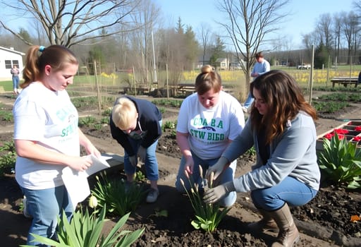 Gardening teamwork outdoors people wort women day nature plants garden green spring generated ai alt. High quality photo