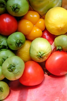 Colorful fresh vegetables and fruits as a background. Top view.