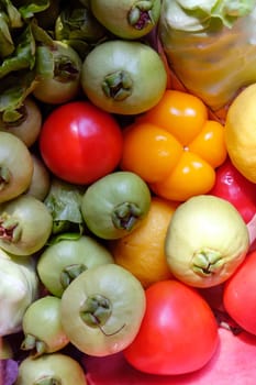 Colorful fresh vegetables and fruits as a background. Top view.