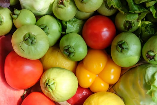 Colorful fresh vegetables and fruits as a background. Top view.