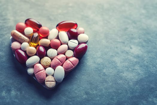 A pile of capsules, tablets, vitamins, stacked in a heart shape on a gray table. Medical supplements, pills or pharmaceutical concept of medicines.