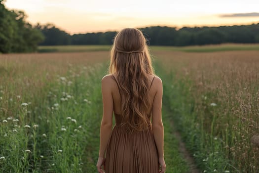 Back view of a young brunette girl with long hair in a brown dress on a path in a field in the evening.