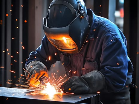 Skilled welder wearing a protective helmet and gloves, working on metal with bright sparks flying. Capturing the intensity and precision of industrial welding in a workshop setting.