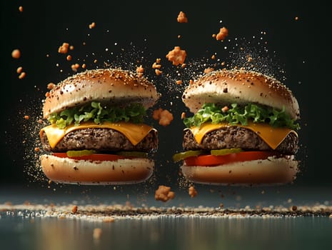 Two mouthwatering cheeseburgers with melted cheese, lettuce, and sesame buns, surrounded by flying crumbs. A dynamic and appetizing food presentation highlighting flavor and texture.
