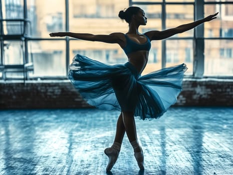 Talented ballerina performing a graceful dance in a spacious studio. Her elegant pose, flowing tutu, and soft lighting highlight the beauty and artistry of ballet.