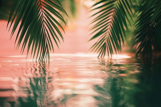 Close up of soft ripple water texture with pink tint with palm leaves on top. Summer banner.