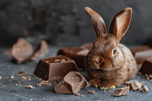 Little brown bunny sits next to chocolate pieces on grey background. Happy Easter.