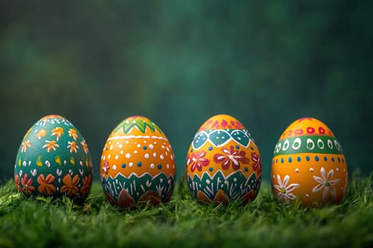 Four decorated Easter chicken eggs in green grass on green blurred background