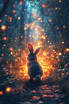 A rear view of a rabbit running through a magical forest.