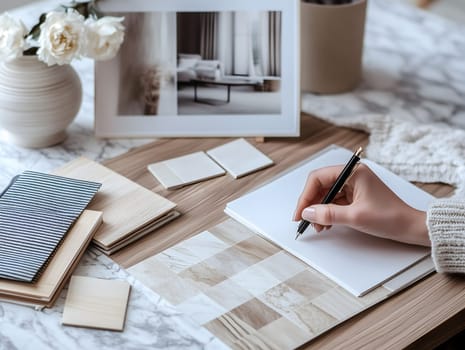 Creative interior designer planning a project, sketching ideas with wooden and stone material samples on a stylish workspace. A modern and elegant design process in progress.