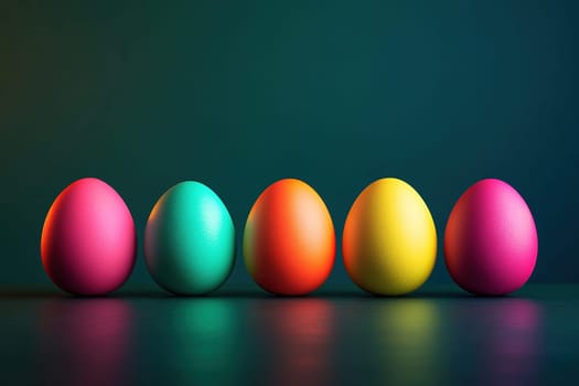 Five Easter colorful eggs on a green background. Minimalistic design of Easter eggs.