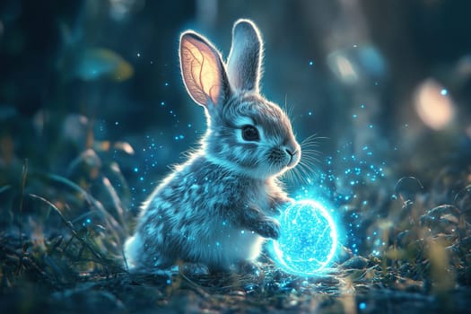 Fantasy rabbit runs through a magical forest after a magical neon egg