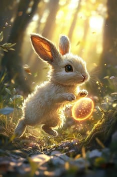A white fluffy rabbit runs with an Easter glowing egg in a magical forest on a sunny day.
