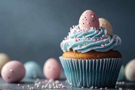 Delicious cupcake decorated with sugar easter eggs on a blur background
