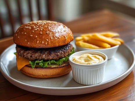 Delicious gourmet cheeseburger with melted cheddar, fresh greens, and a sesame bun, served with crispy fries and dipping sauce. A perfect meal for burger lovers.