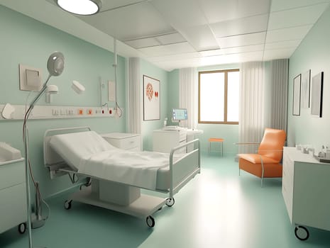 Bright and sterile hospital room featuring an adjustable bed, medical equipment, and a comfortable chair. The modern design creates a calm and reassuring healthcare environment.