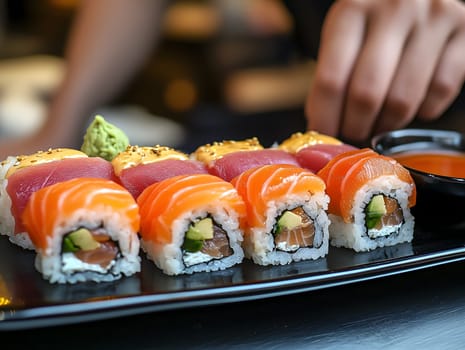 Delicious sushi rolls topped with fresh salmon and tuna, served on a black plate with wasabi and dipping sauce. A beautifully presented Japanese cuisine dish.