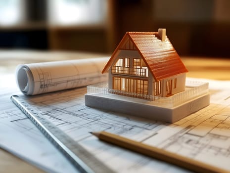 Detailed architectural model of a house placed on construction blueprints, accompanied by a pencil and ruler. A symbolic representation of home design, planning, and real estate development.