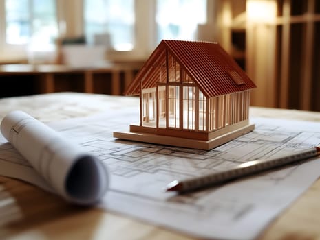 Detailed architectural model of a house placed on construction blueprints, accompanied by a pencil and ruler. A symbolic representation of home design, planning, and real estate development.