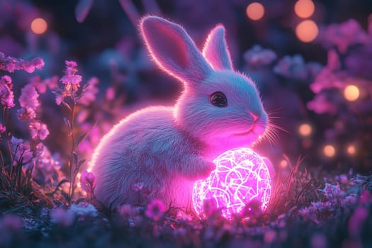 Rabbit with neon glowing easter egg in grass and flowers at night.