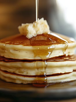 Delicious stack of fluffy pancakes topped with melting butter and drizzled with golden maple syrup. A mouthwatering breakfast treat with a warm and inviting presentation.