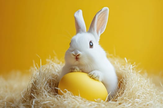 Little white rabbit with yellow Easter egg sitting in nest on yellow background.