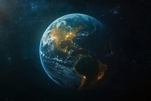 View of planet earth from space showing realistic earth surface and map of north and south america and ocean.