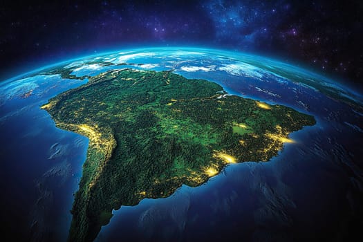 Realistic photograph of the planet Earth with South America continent. Blue space background with stars. Hyper-realistic