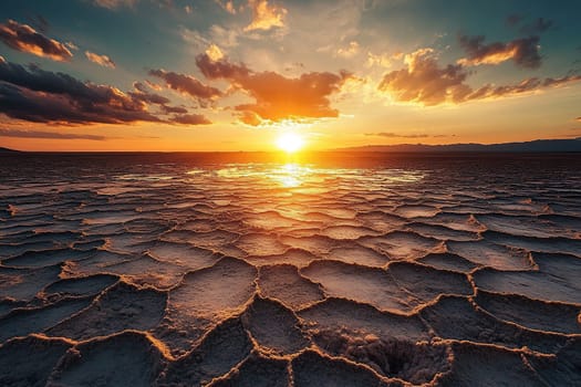 Surface of dry and cracked earth against the setting sun. Desert, global warming. Climate change