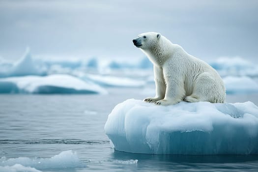A polar bear sits on an ice floe in the Arctic sea among melting icebergs.