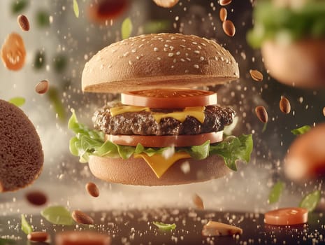 Delicious cheeseburger with lettuce, tomato, and melted cheese floating in mid-air with ingredients scattered around, creating a dynamic and appetizing food concept.