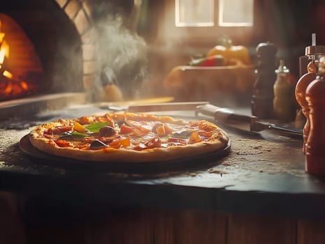 Hot, freshly baked pizza with melted cheese and toppings on a rustic counter. A traditional wood-fired oven in the background adds warmth and authenticity to the scene.