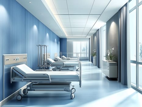 Spacious hospital room with multiple empty beds, clean blue walls, and bright natural lighting. A sterile and well-maintained medical environment designed for patient care.