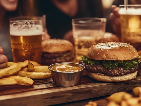 Juicy burgers served with crispy fries, dipping sauce, and cold beer in a lively pub setting. A perfect scene for social dining and enjoying comfort food with friends.