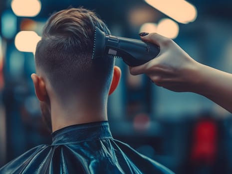 Close-up of a barber using an electric clipper to trim a man's hair in a stylish barbershop. A modern grooming experience with attention to detail and precision.