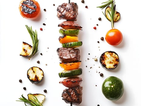 Delicious grilled meat and vegetable skewer beautifully arranged with roasted tomatoes, zucchini, and herbs on a white background. A perfect blend of flavor and presentation.