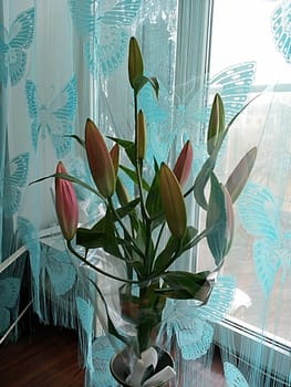 beautiful bouquet of lilies in a vase on the windowsill