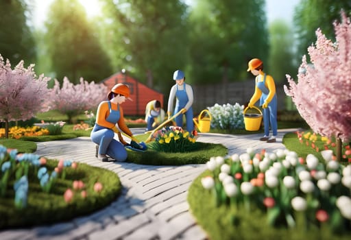 Gardeners planting flowers toys spring art nature working business workshop generated ai alt. High quality photo illustration image wallpaper poster decor design