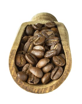Close-up of Roasted coffee beans on a rich textured surface in Wooden coffee scoop isolated on White background with clipping path. Enjoy your morning coffee for living, use it as your Space for text, Design, Wallpaper and Poster, Selective focus.