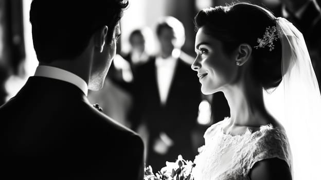 Wedding ceremony, beautiful bride and groom, elegant young couple close-up, black and white photography