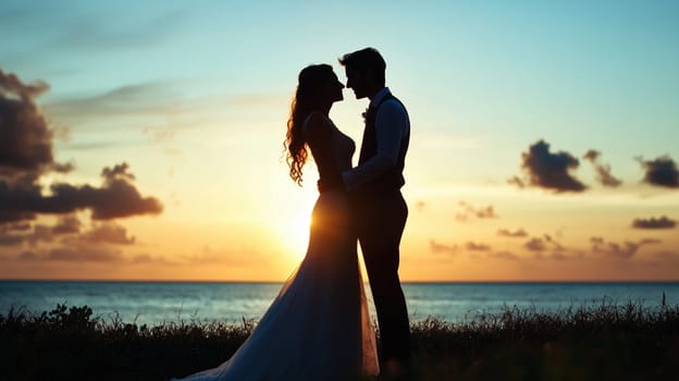 Romantic silhouette of a beautiful wedding young couple embracing at the beach against sunset sky background. Elegant bride and groom standing outdoors