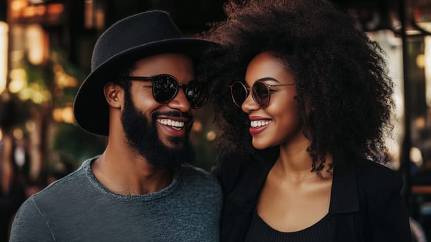 Portrait of stylish modern happy young African couple with curly hair, beautiful fashionable woman and man together in the city