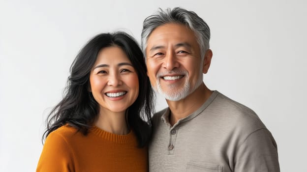 Portrait of happy Asian mature couple smiling, woman and man together standing on white studio background