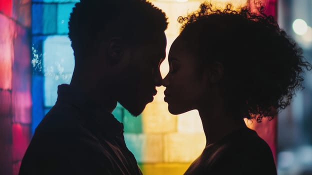 Valentine's day, love concept. Romantic silhouette of a African young couple kissing on colorful background. A passionate and intimate moment