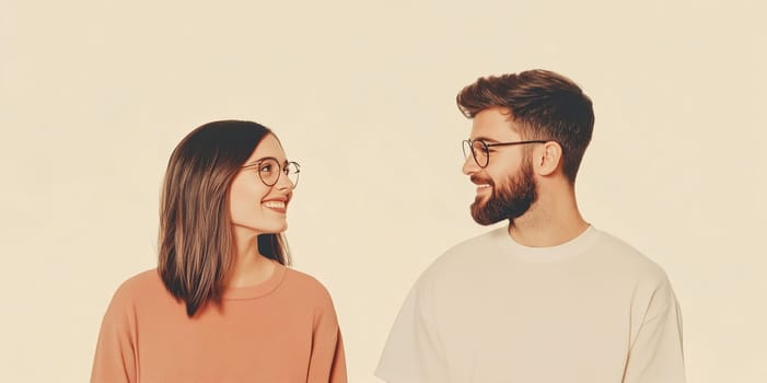 Modern happy young couple looking at each other, wearing glasses, generation z, woman and man smiles together on beige studio background