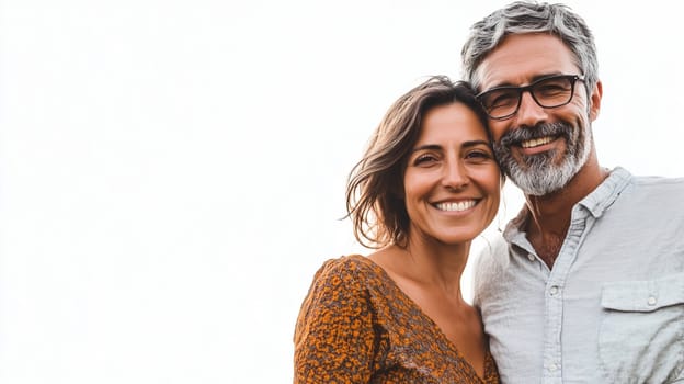 Portrait of happy mature couple smiling, woman and man together standing outdoors against white clear sky background with copy space