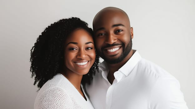 Portrait of happy black American young couple smiling, African woman and man together on white studio background
