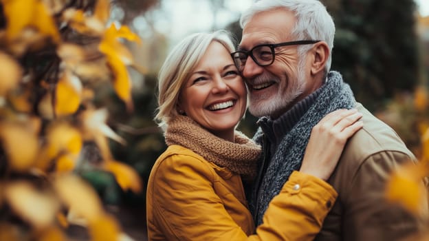 Portrait of happy senior couple with gray hair laughing embracing in autumn park with yellow leaves tress